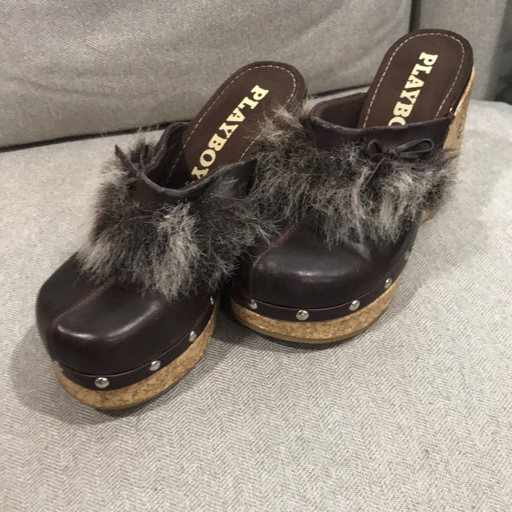 Vintage Playboy fur trimmed chunky clogs y2k